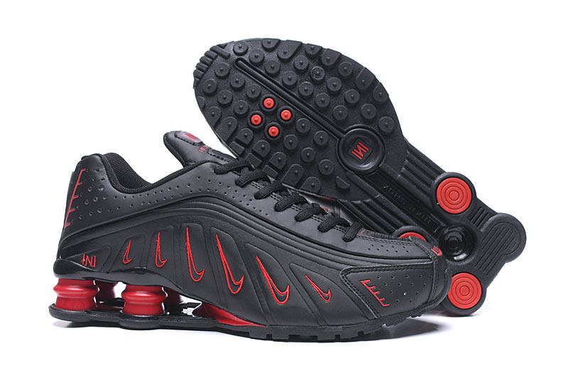 2019 Men Nike Shox R4 Black Red Small Swoosh - Click Image to Close